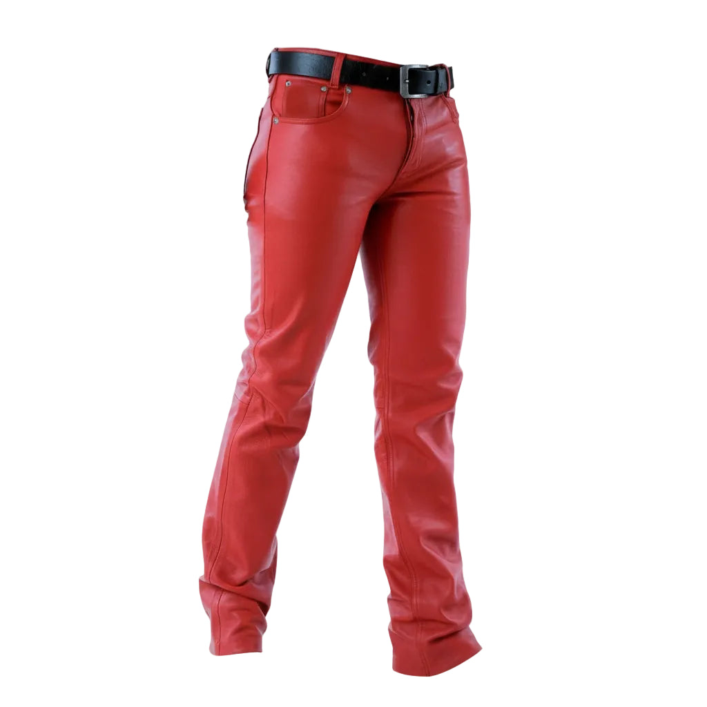 Red leather pants with a black belt, shown on a white background.