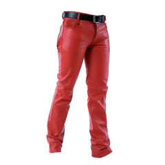 Red leather pants with a black belt, shown on a white background.