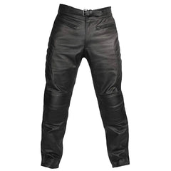 A pair of men's black real cowhide leather bikers trousers with a zip and button closure, featuring external pockets and padded knees.