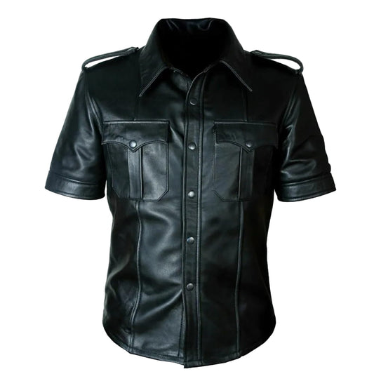 Uniforme de policía de cuero de oveja Real para hombre, camisa Gay BLUFF, medias mangas