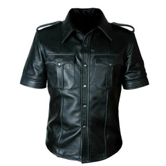 Uniforme de policía de cuero de oveja Real para hombre, camisa Gay BLUFF, medias mangas