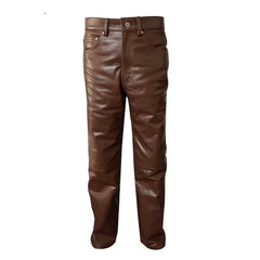 A pair of men's brown cow leather pants with belt loops and a zipper fly.