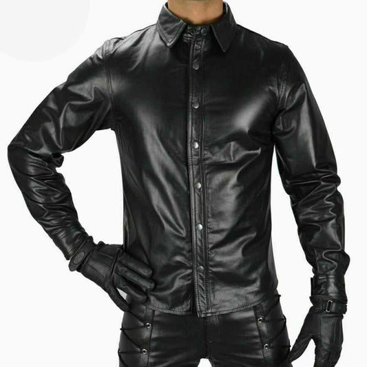 Camisa de manga completa BLUF estilo militar de policía de cuero negro real para hombre