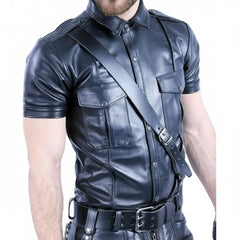 Men's Real Lambs Leather Police Black Shirt Cuir Bluf Lederhemd Leder Shirt