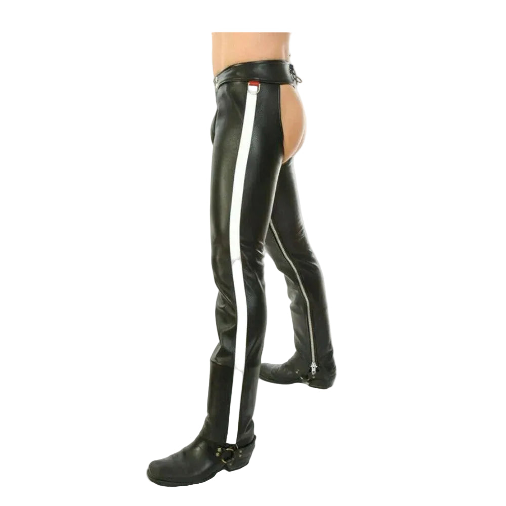 Black leather pants with a prominent white vertical stripe down the side and silver zipper details, shown on a model from a side profile view against a white background.