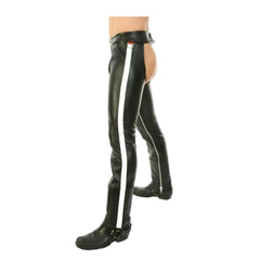 Black leather pants with a prominent white vertical stripe down the side and silver zipper details, shown on a model from a side profile view against a white background.
