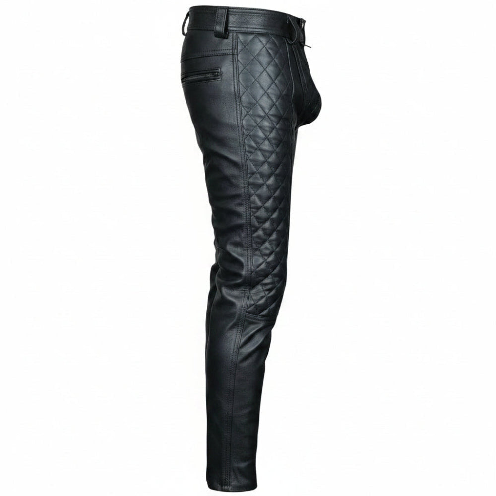 Black leather motorcycle pants with diamond-quilted stitching on the thighs and seat, shown from a side profile view against a white background.