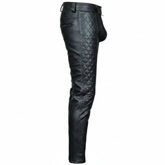 Black leather motorcycle pants with diamond-quilted stitching on the thighs and seat, shown from a side profile view against a white background.