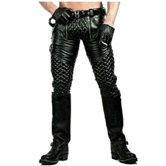 A person wearing black cowhide leather pants with a quilted design, featuring a visible brand logo on the upper left side. The pants are paired with black leather gloves and boots.