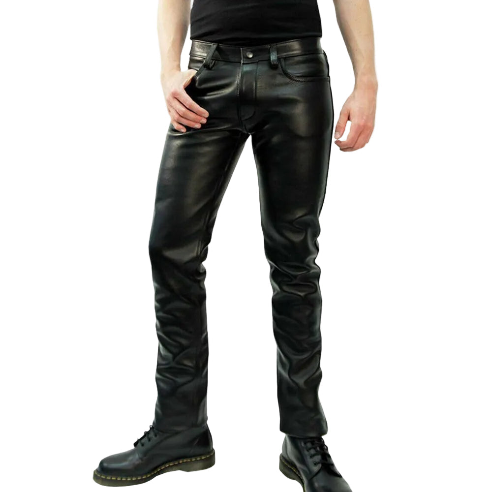 A pair of men's black shiny leather trousers with a slim fit. The image shows the trousers in a vertical orientation, displaying the front view along with the wearer's hands in a pockets position.
