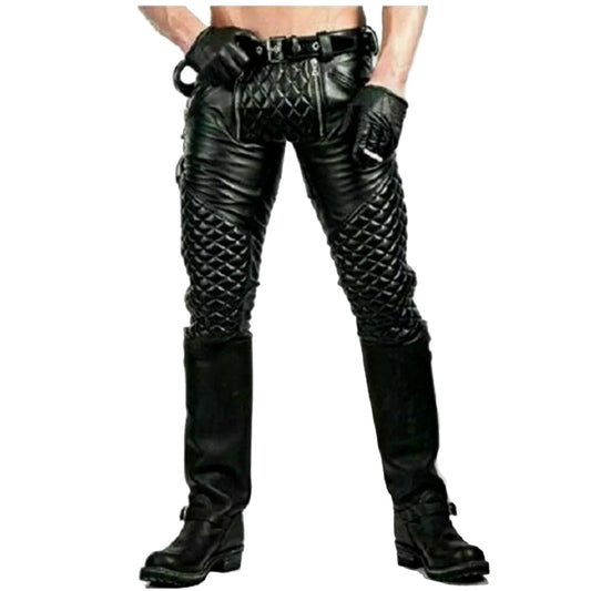 A person wearing black cowhide leather pants with a quilted design, featuring a visible brand logo on the upper left side. The pants are paired with black leather gloves and boots.