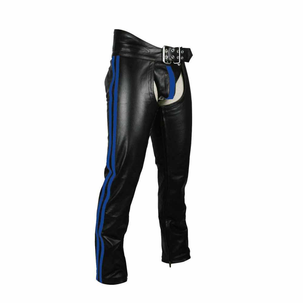 Men's Real Bikers Chaps Leather Chaps Blue Stripes Leather Gay Chaps with Jockstrap
