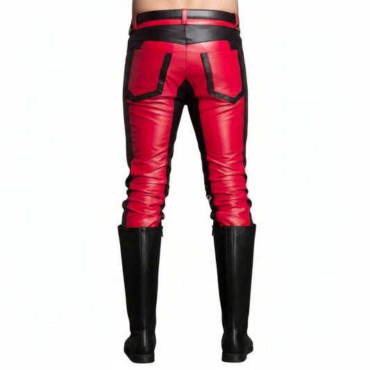 Red and black leather pants with a glossy finish, featuring a black waistband, black pocket details, and black knee-high boots shown on a model from the back against a white background.