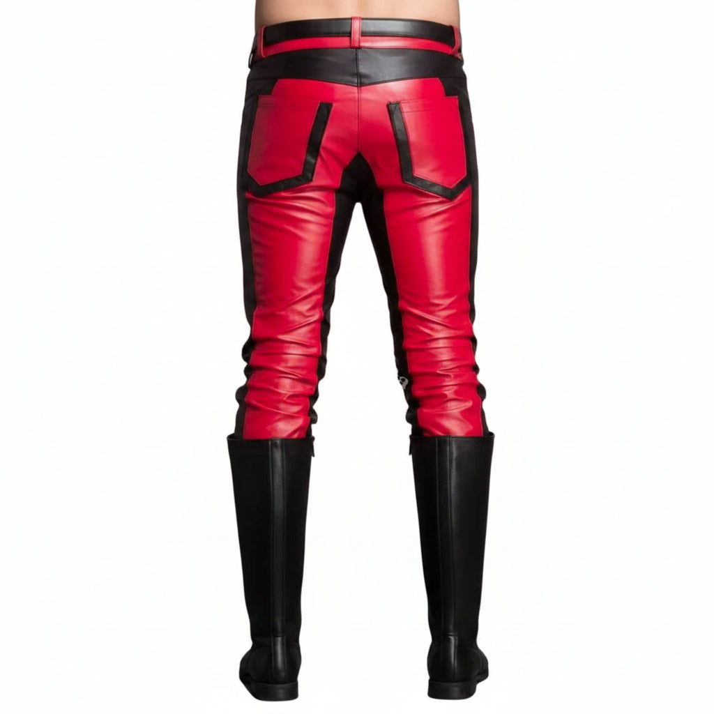 Red and black leather pants with a glossy finish, featuring a black waistband, black pocket details, and black knee-high boots shown on a model from the back against a white background.