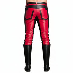 Red and black leather pants with a glossy finish, featuring a black waistband, black pocket details, and black knee-high boots shown on a model from the back against a white background.