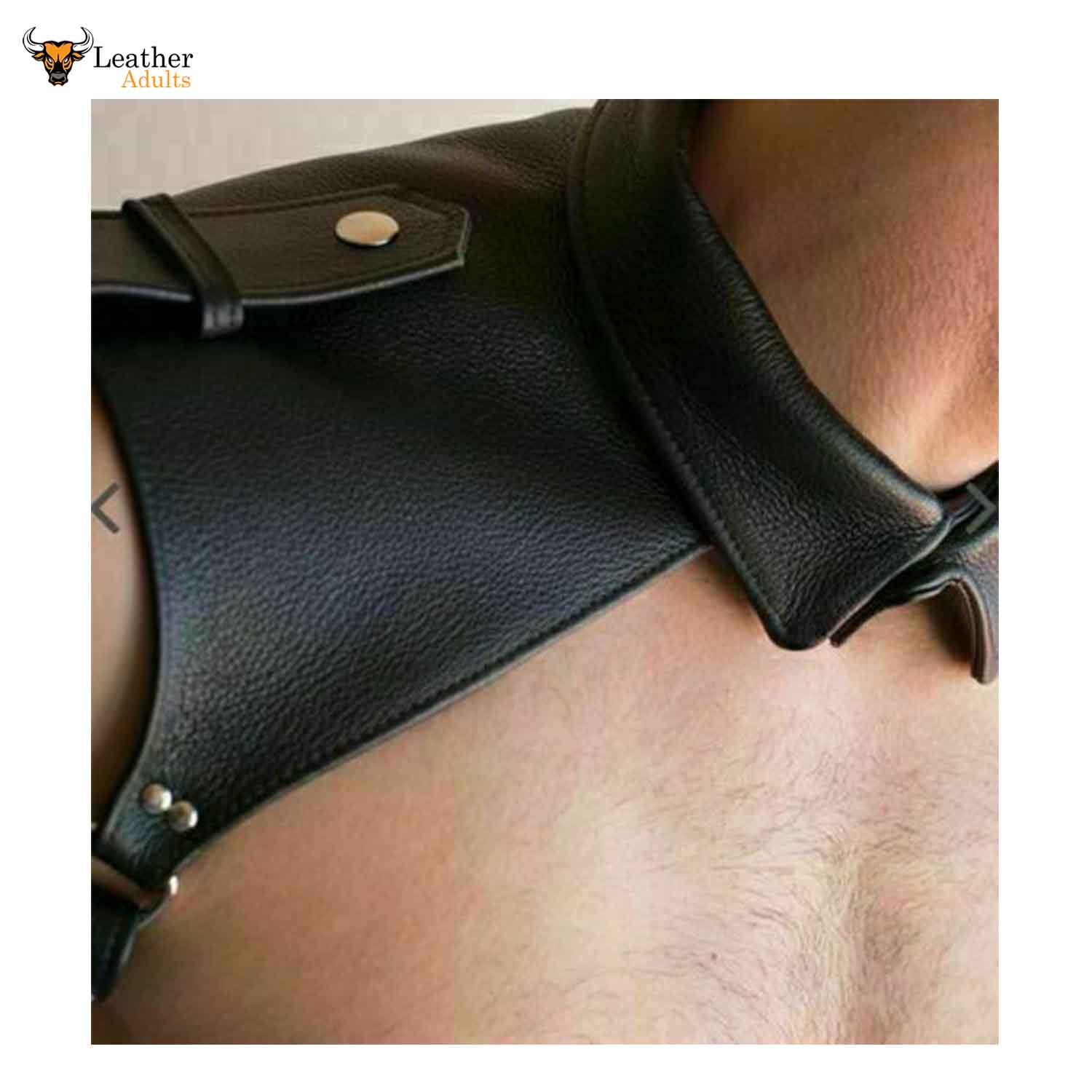 Black leather shoulder harness worn by a person, with 'Genesis Leather' branding.