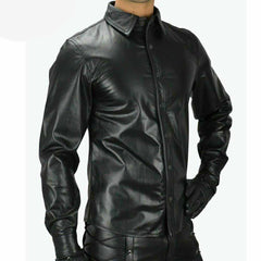 Camisa de manga completa BLUF estilo militar de policía de cuero negro real para hombre