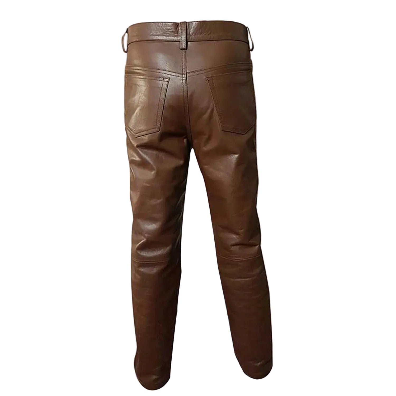 Brown leather pants shown from the back, featuring a belt loop waistband, two rear patch pockets, and a button closure, displayed on a solid white background.