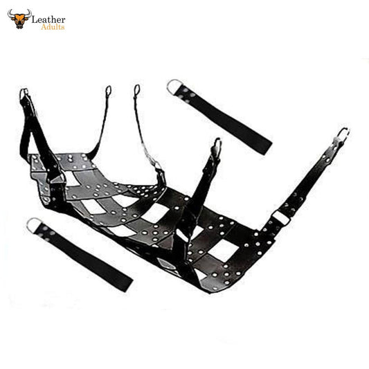 A black leather sex swing with stirrups, designed for adult use. The swing is made from thick leather with a patterned design and nickel-plated rivets, and includes straps for mounting or suspension.