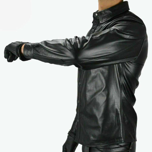 Camisa de manga completa BLUF estilo militar de policía de cuero negro real para hombre