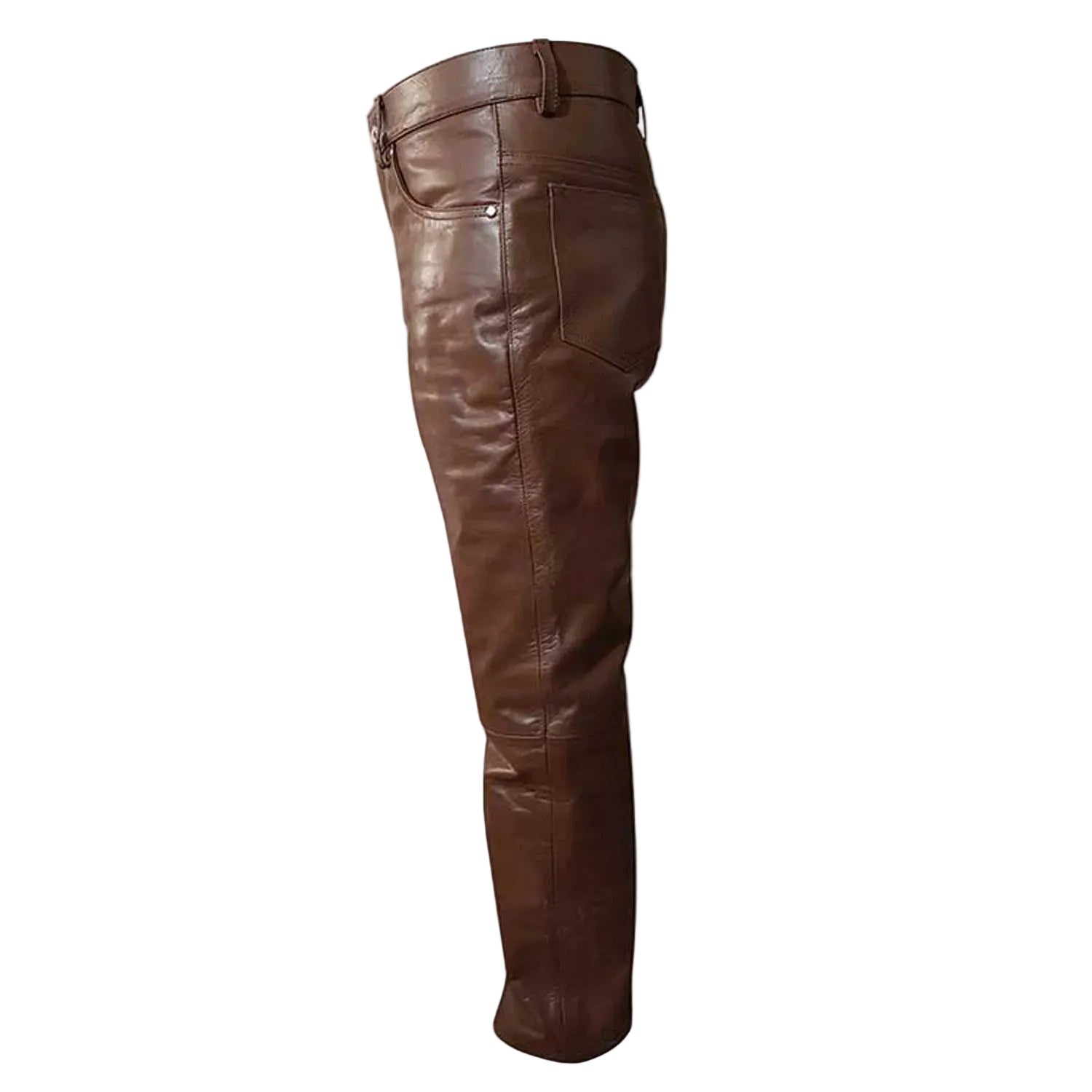 A pair of dark brown leather pants shown from a side profile view against a plain white background.