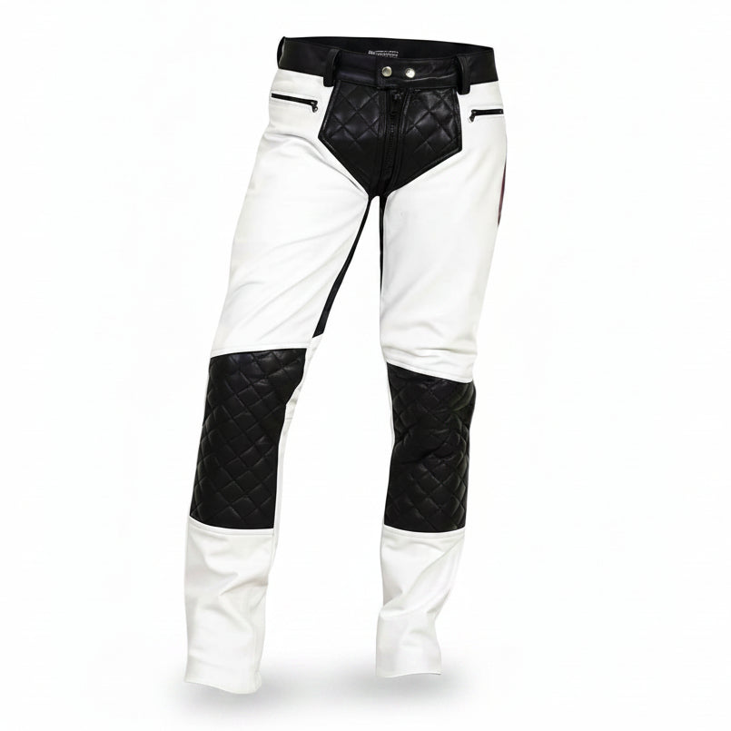 White leather riding chaps with black quilted leather panels on the knees, hips, and upper thighs, featuring a black leather belt and a black bull logo with 'Quinte Leader' on the lower left leg.