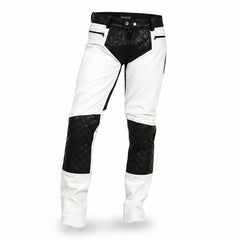 White leather riding chaps with black quilted leather panels on the knees, hips, and upper thighs, featuring a black leather belt and a black bull logo with 'Quinte Leader' on the lower left leg.