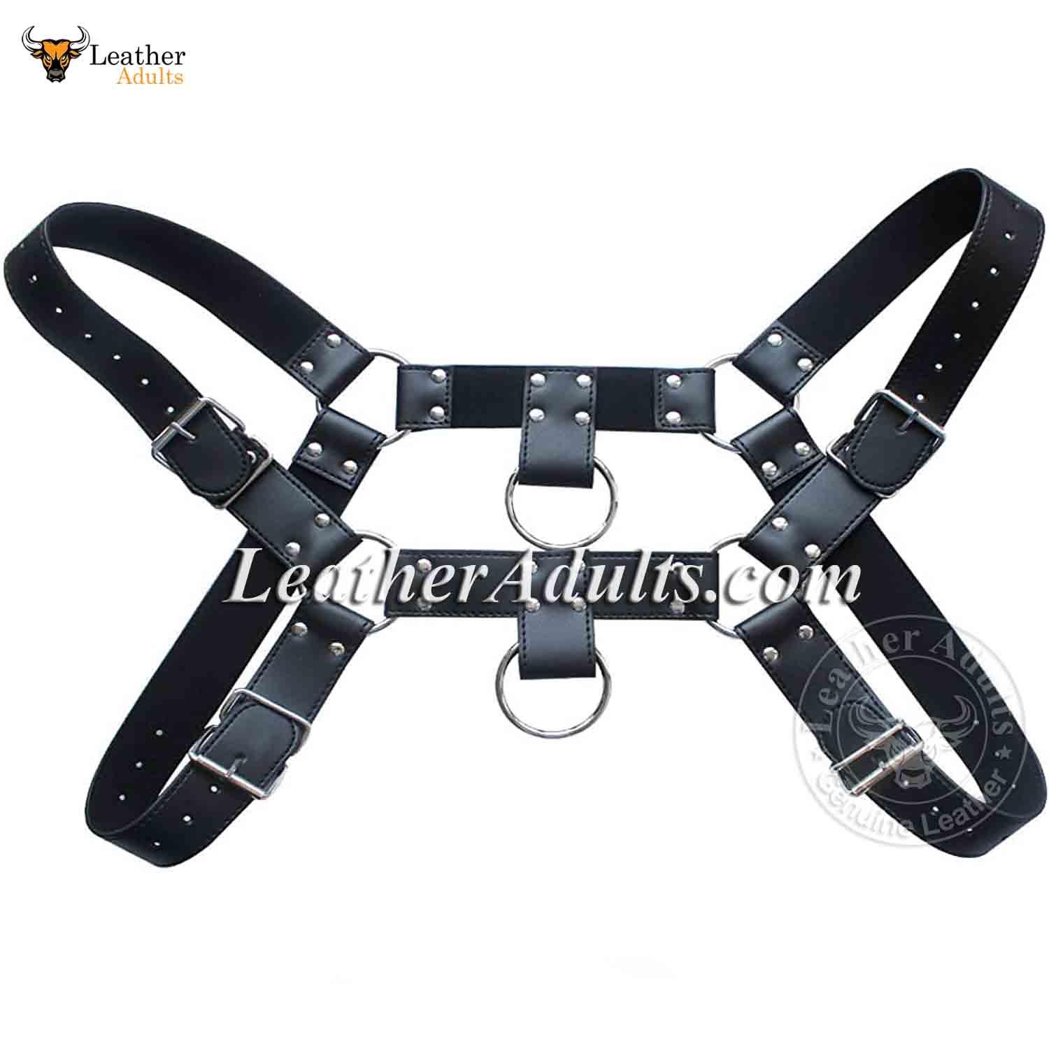 Black leather harness with metal rings on a white background, featuring the brand 'Genesis Leather'.