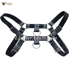 Black leather harness with metal rings on a white background, featuring the brand 'Genesis Leather'.