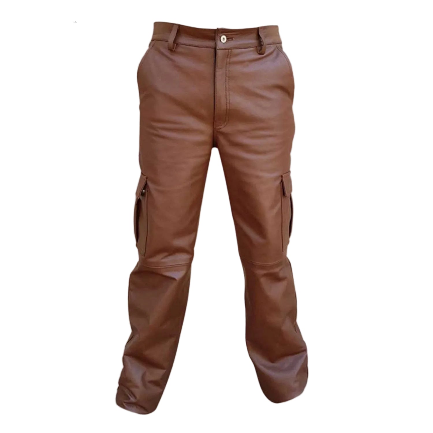 A pair of brown real leather cargo pants with multiple pockets and a visible brand logo on the upper left thigh.