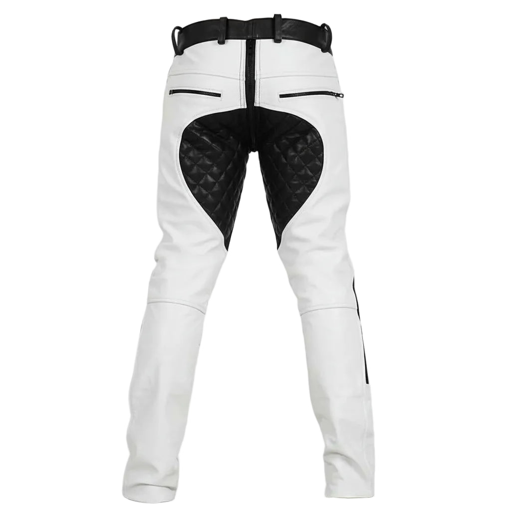 White leather motorcycle pants with black protective panels, a black belt, and a black zipper, shown from the back on a white background.