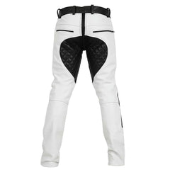 White leather motorcycle pants with black protective panels, a black belt, and a black zipper, shown from the back on a white background.