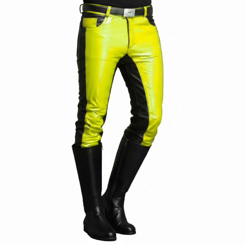 A pair of men's leather pants with black legs and yellow upper legs, featuring a high waist and double stitched seams.