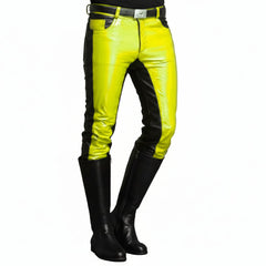 A pair of men's leather pants with black legs and yellow upper legs, featuring a high waist and double stitched seams.