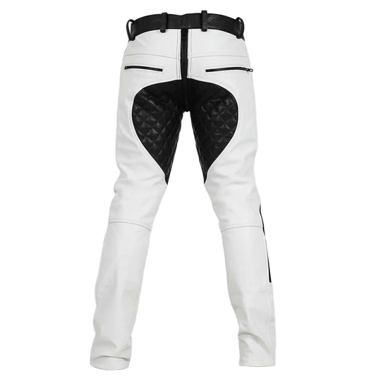 White leather motorcycle pants with black protective panels, a black belt, and a black zipper, shown from the back on a white background.
