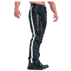 Mens Black Cowhide Leather Jeans Style Pants BLUF Breeches White Striped Trousers
