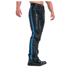 Mens Black Cowhide Leather Jeans Style Pants BLUF Breeches Blue Striped Trousers