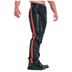 Mens Black Cowhide Leather Jeans Style Pants BLUF Breeches Red Striped Trousers