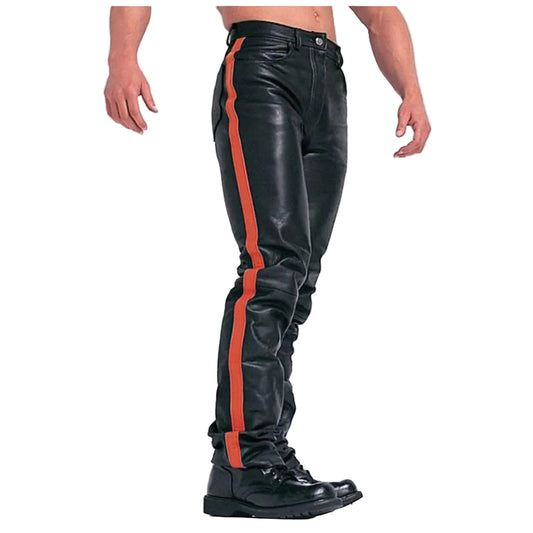 Mens Black Cowhide Leather Jeans Style Pants BLUF Breeches Red Striped Trousers