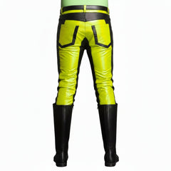 High-visibility neon yellow pants with black trim and pocket details, shown from the back on a model wearing black knee-high boots against a white background.
