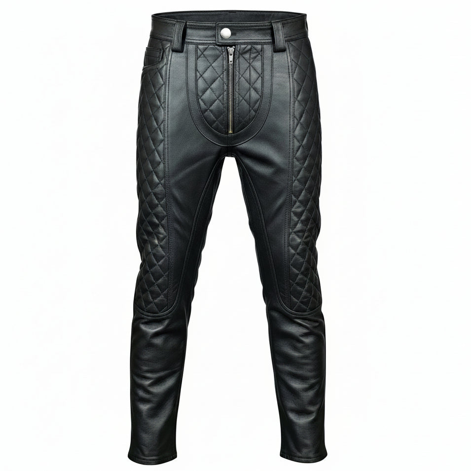 A pair of men's real cowhide leather pants with a slim fit and quilted design on the knees.