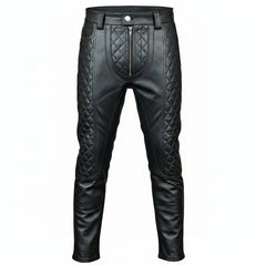 A pair of men's real cowhide leather pants with a slim fit and quilted design on the knees.