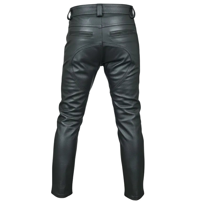 Black leather motorcycle pants shown from the back, featuring a belt loop waist, rear pockets, and a small gold 'Beastmen Apparel' logo on the upper left side.