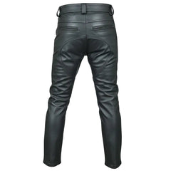 Black leather motorcycle pants shown from the back, featuring a belt loop waist, rear pockets, and a small gold 'Beastmen Apparel' logo on the upper left side.
