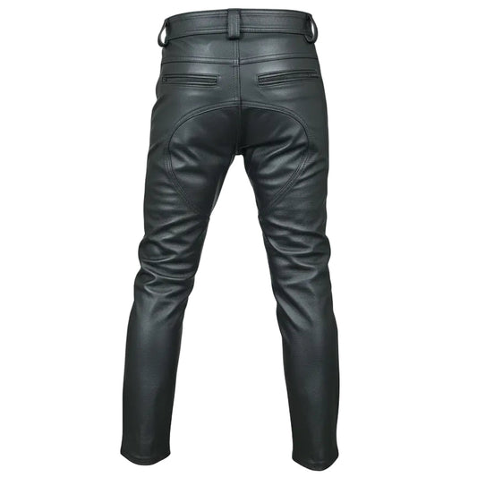 Black leather motorcycle pants shown from the back, featuring a belt loop waist, rear pockets, and a small gold 'Beastmen Apparel' logo on the upper left side.