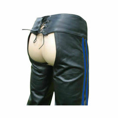 Men's Real Bikers Chaps Leather Chaps Blue Stripes Leather Gay Chaps with Jockstrap