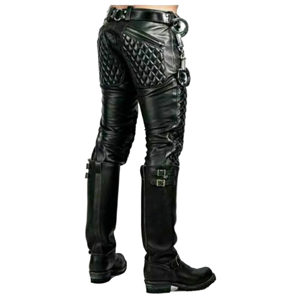 Black leather biker pants with quilted diamond-patterned side panels, a matching belt with large metal rings, and attached black leather breeches boots with buckle details, shown on a model from the back against a white background.