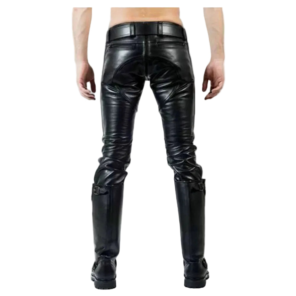 Rear view of a person wearing black leather chaps-style pants with attached tall black boots, shown against a plain white background.