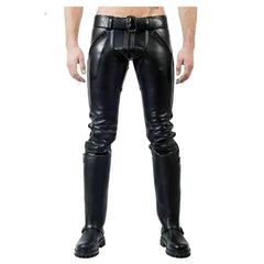 A pair of men's black leather pants with double zip detailing on the legs.