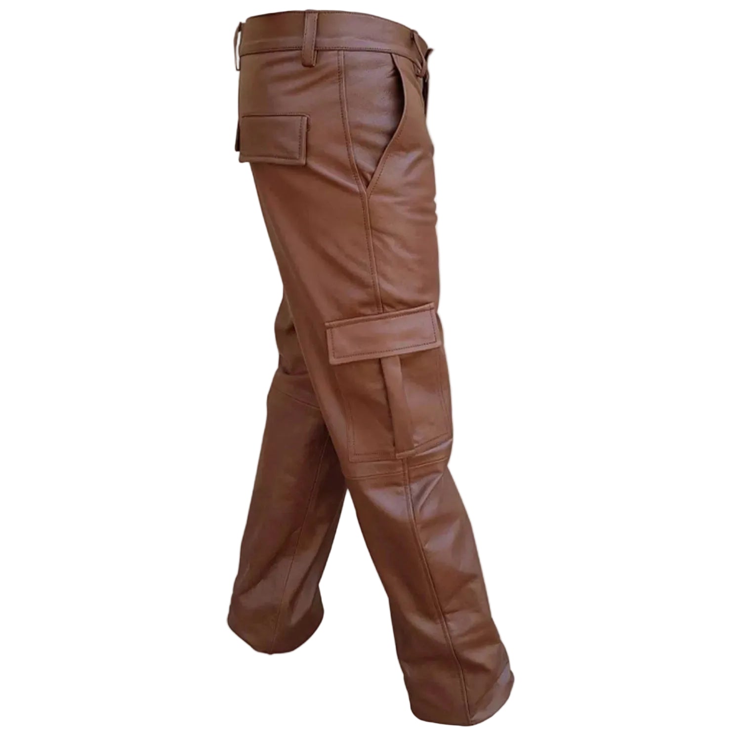 Brown leather cargo pants shown from a side profile view against a plain white background.